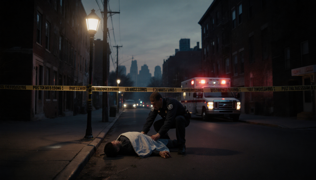 Paramedic tends injured man on ground with police tape marking scene near flickering streetlight