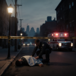 Paramedic tends injured man on ground with police tape marking scene near flickering streetlight
