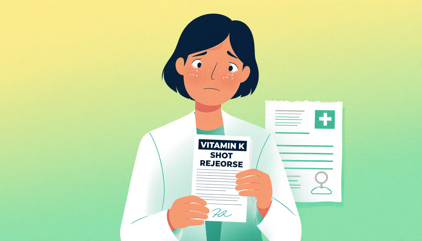 Concerned parent holding a Vitamin K shot refusal card with a faint medical chart in a green yellow gradient