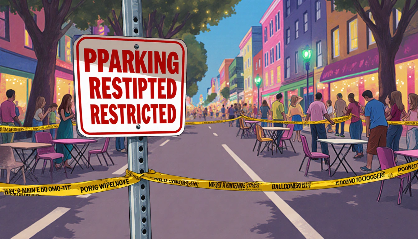 Parking Restricted sign standing with letters on post and yellow tape blocking road where people set up chairs and tables.