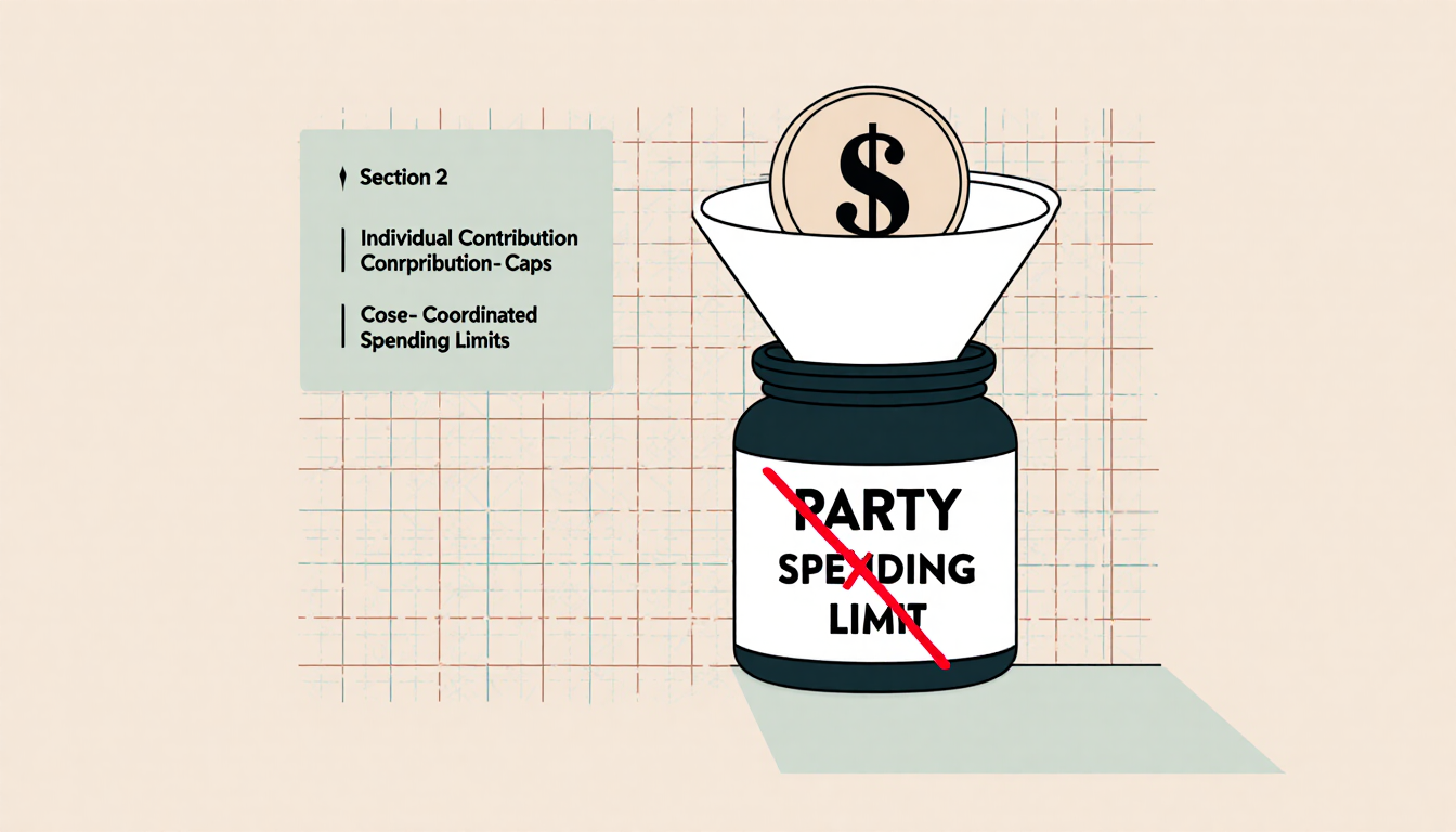 Dollar sign funneled through a red X marked funnel into a Party Spending Limit jar with a subtle grid backdrop.
