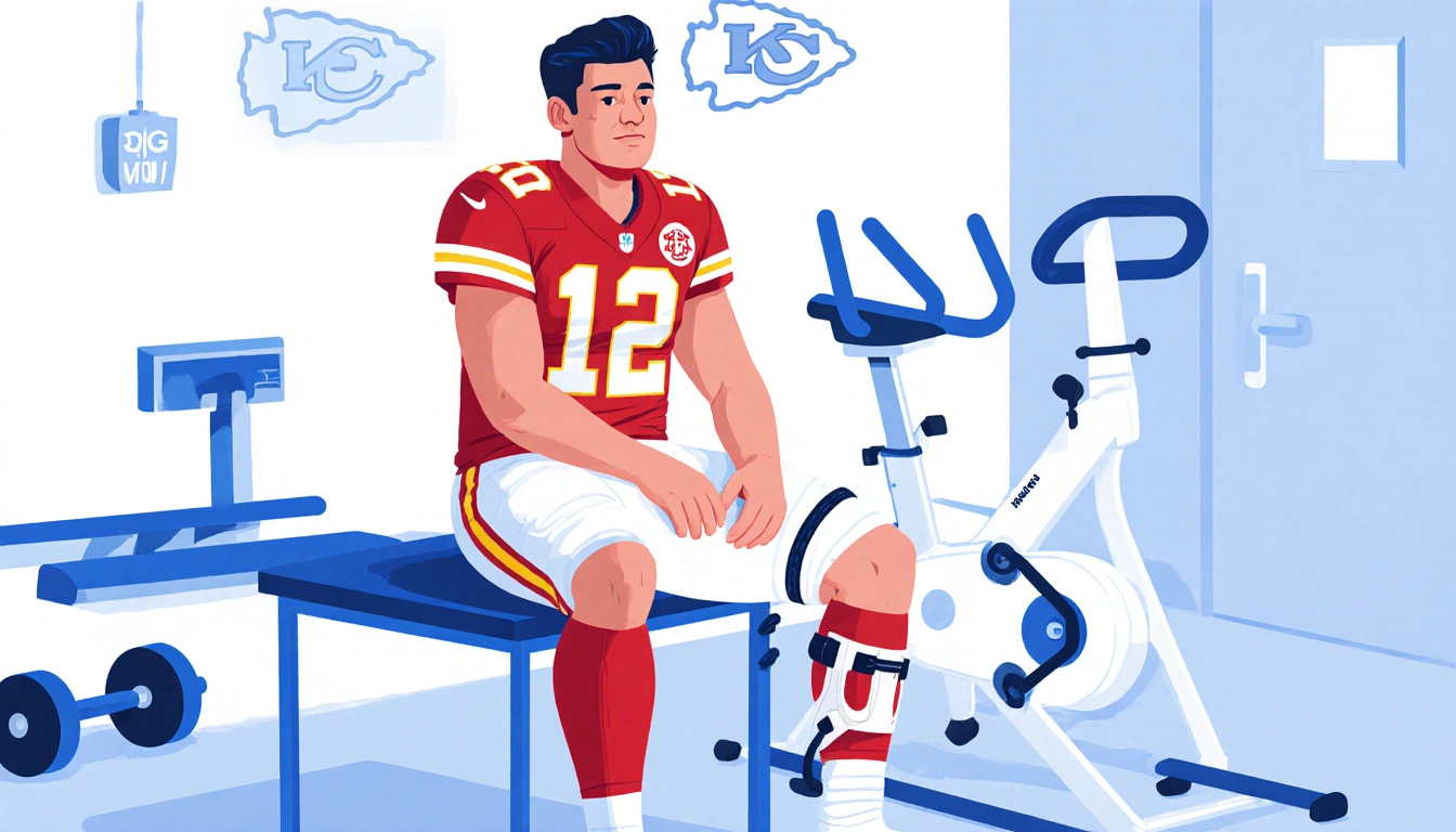 Patrick Mahomes sitting in recovery pose with knee brace and stationary bike in a blue-white PT room with subtle NFL branding
