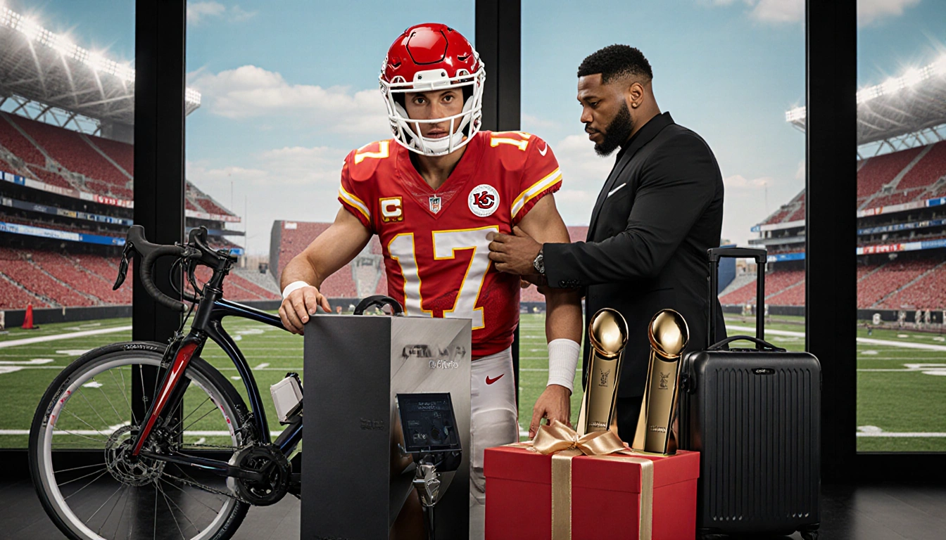 Patrick Mahomes presents gifts to linemen with Aaron Donald beside him near an Aventon bike luxury Rimowa suitcase golf