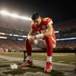 Patrick Mahomes sits on worn stadium bench with head in hands and ice pack on knee while golden lights dim a playoff dream.