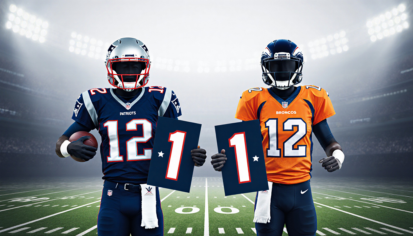 Patriots and Broncos stand side by side on a football field holding 11‑2 records with the Patriots logo and AFC flag