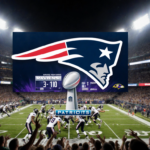 Patriots and Ravens players clash on a night football field with stadium lights and a split-screen score display.