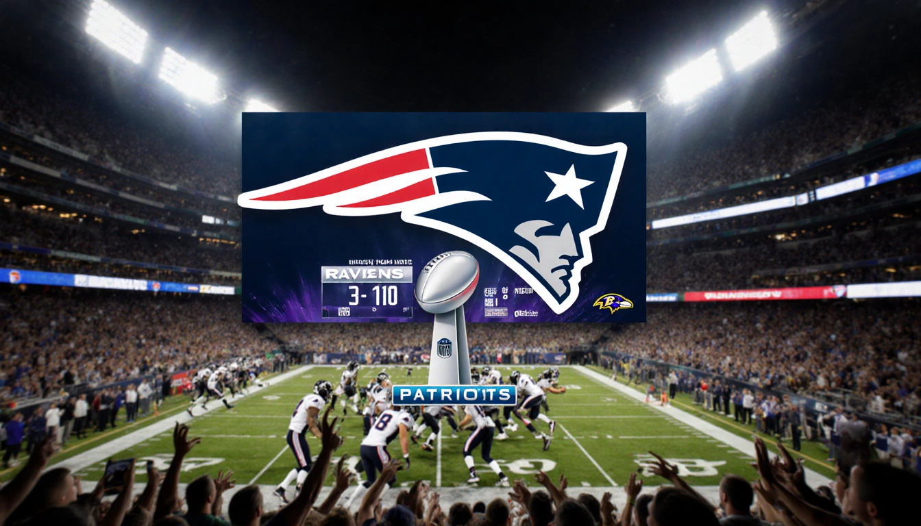 Patriots and Ravens players clash on a night football field with stadium lights and a split-screen score display.