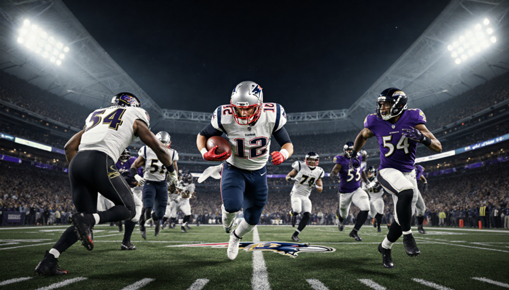 Patriots player runs with ball chased by Ravens defenders under bright M&T Bank Stadium Sunday Night lights.