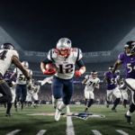 Patriots player runs with ball chased by Ravens defenders under bright M&T Bank Stadium Sunday Night lights.