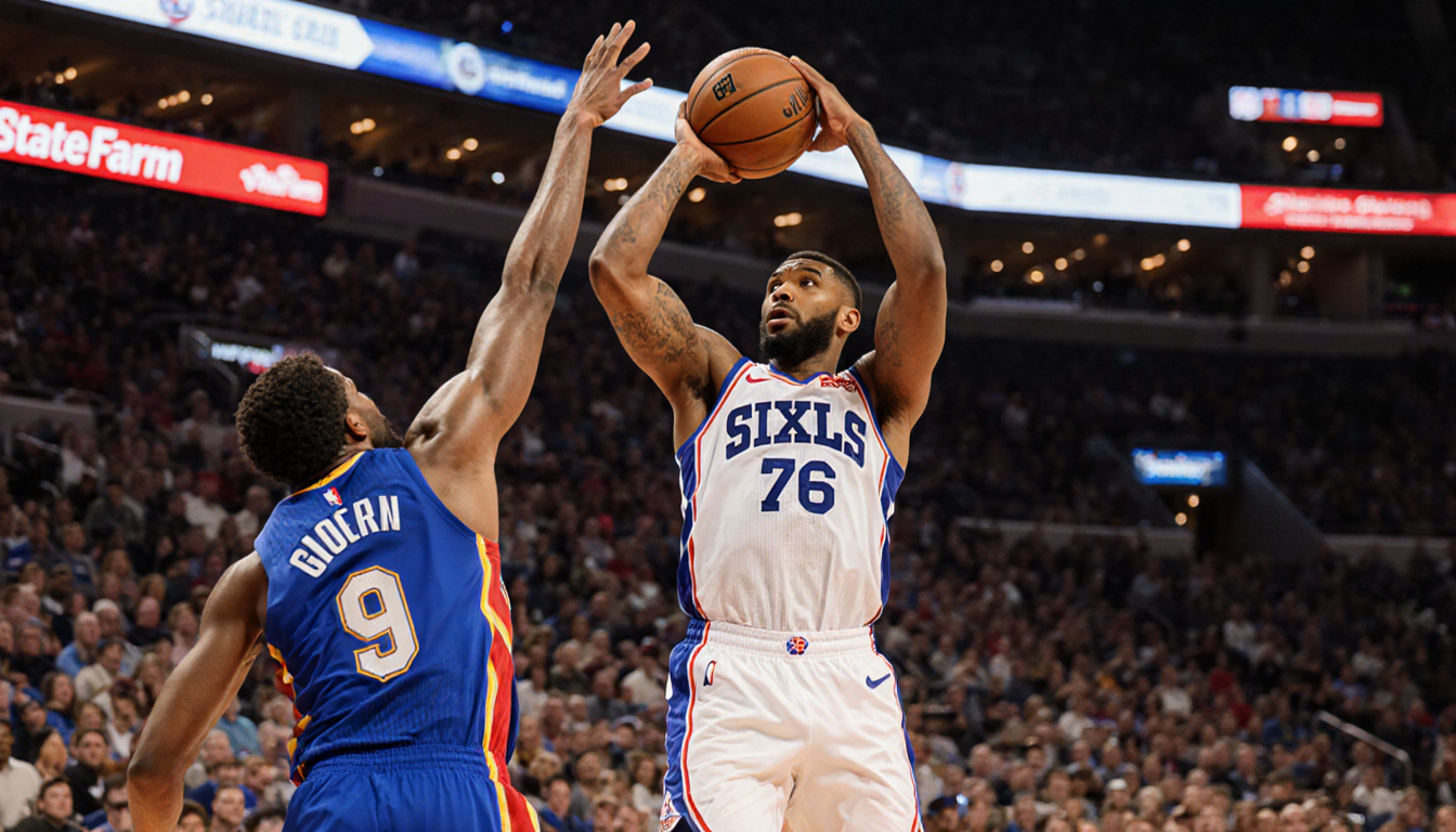 Paul George shooting over defender with bright blue Hawks jerseys and warm arena lights in background