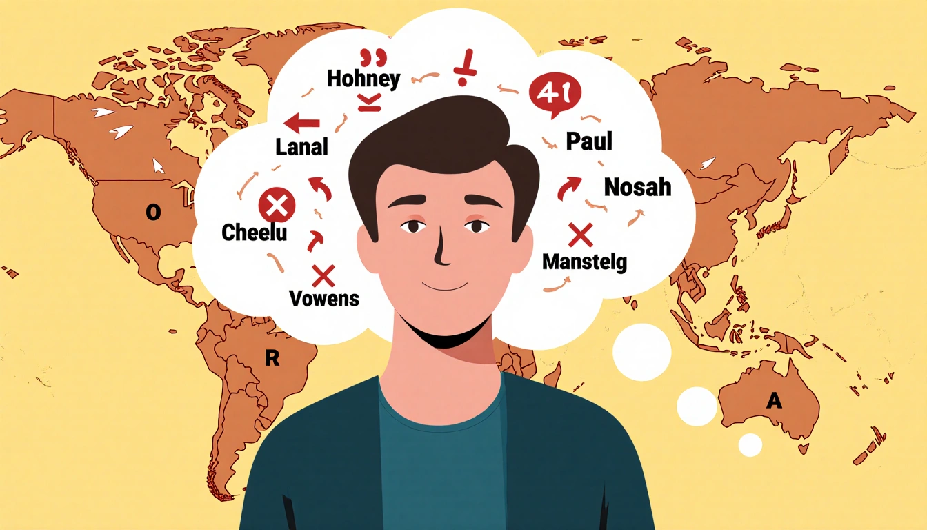 Paul Mescal laughing while pointing to speech bubble with mispronounced celebrity names and a subtle map in background