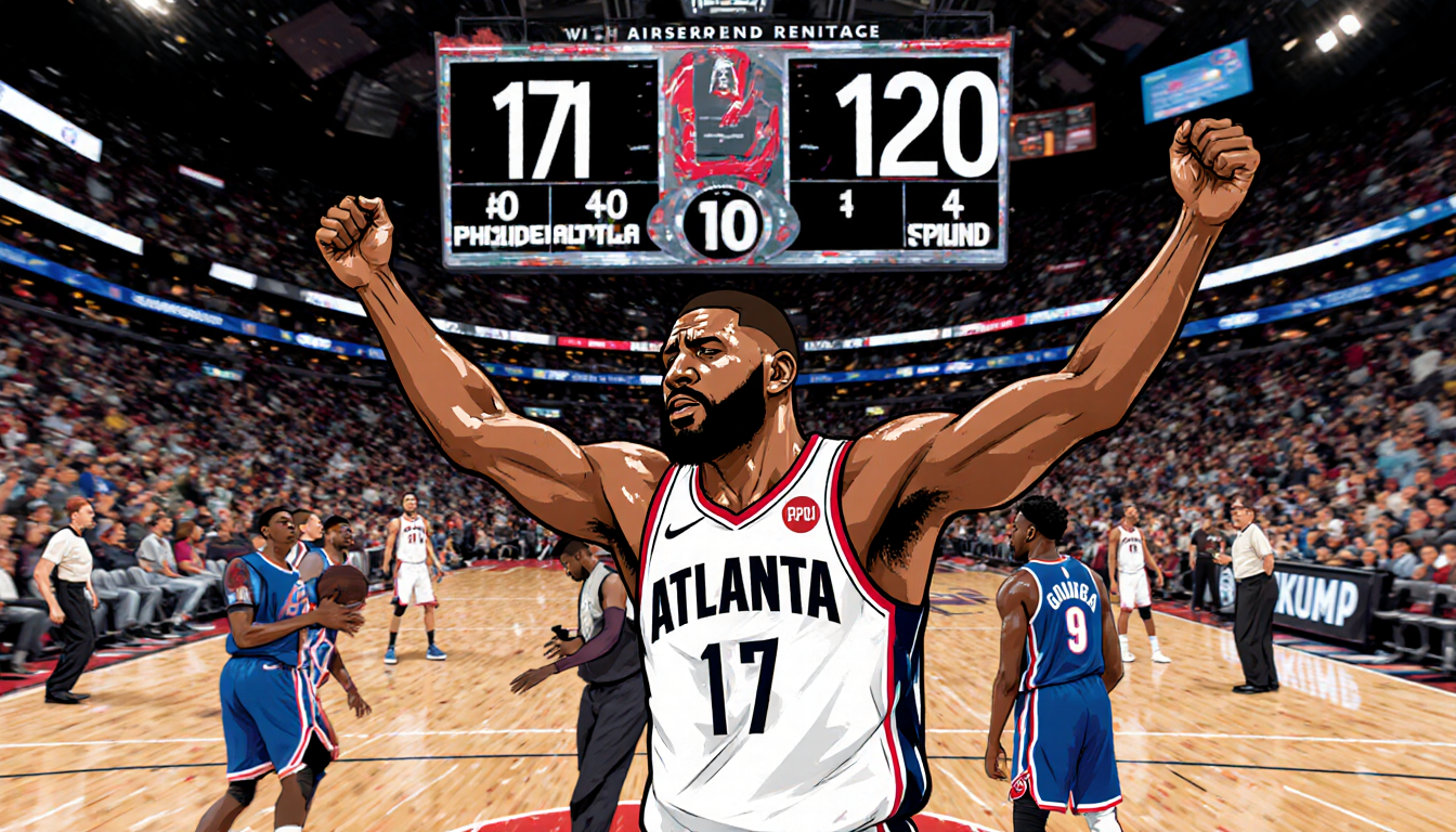 Paul George drops his arms in exhaustion with a basketball scoreboard reading 117-120 and a blurred crowd behind him