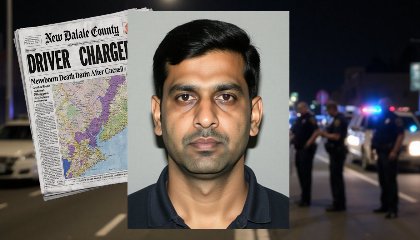 Pavan Patel photographed with New Castle County police background and a newspaper headline Driver Charged and Newborn Death A