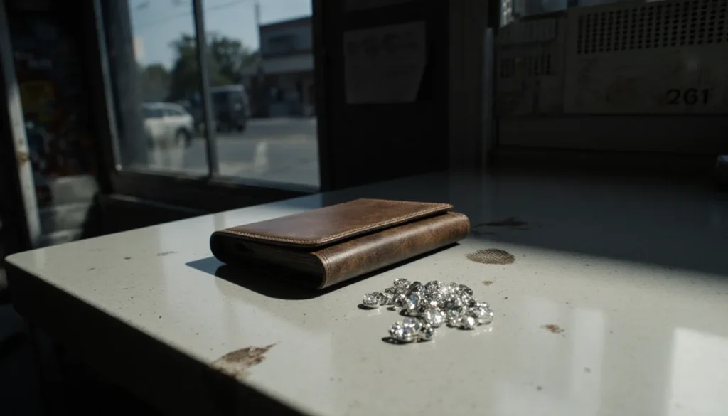 Wallet sits on pawn shop counter with jewelry and faint street reflection and fingerprints hinting mystery