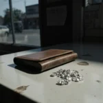 Wallet sits on pawn shop counter with jewelry and faint street reflection and fingerprints hinting mystery