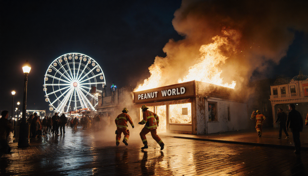 Firefighters rushing to extinguish flames engulfing Peanut World storefront with Ferris wheel reflected on boardwalk.