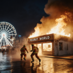 Firefighters rushing to extinguish flames engulfing Peanut World storefront with Ferris wheel reflected on boardwalk.