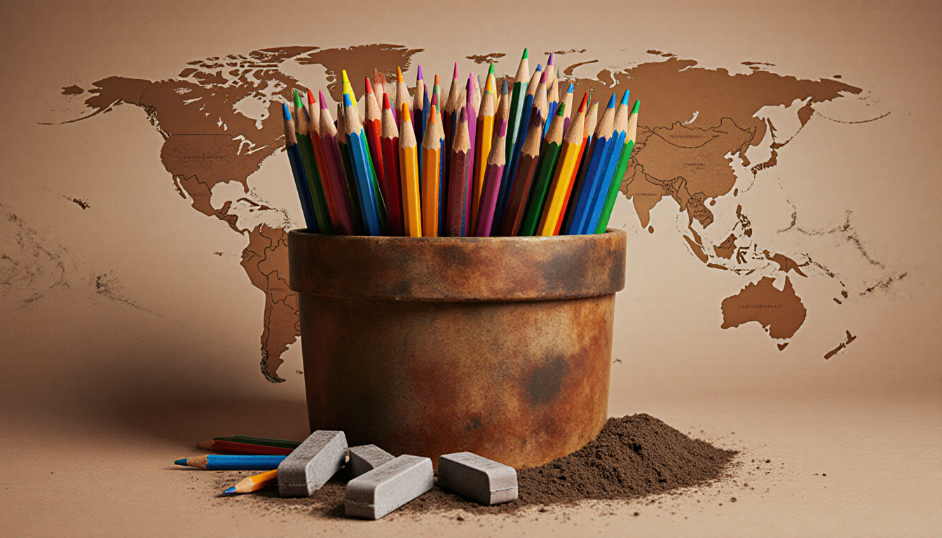 Overflowing container brimming with colorful pencils with dusty erasers at bottom and a faint globe map behind.