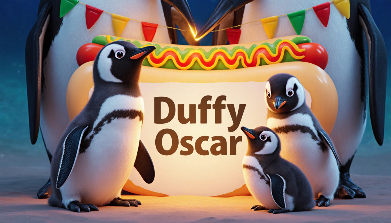 Penguin chicks looking up at a hot dog-themed sign with parents' feet below joyfully