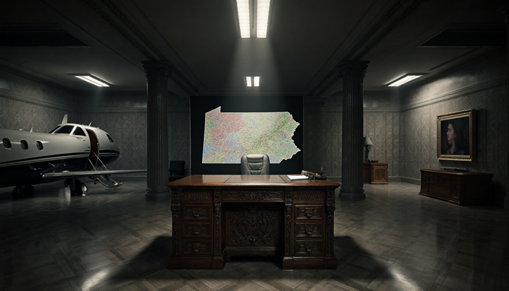 Pennsylvania map unfolding with ornate wooden desk and sleek private jet in dim Capitol corridor