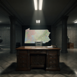 Pennsylvania map unfolding with ornate wooden desk and sleek private jet in dim Capitol corridor