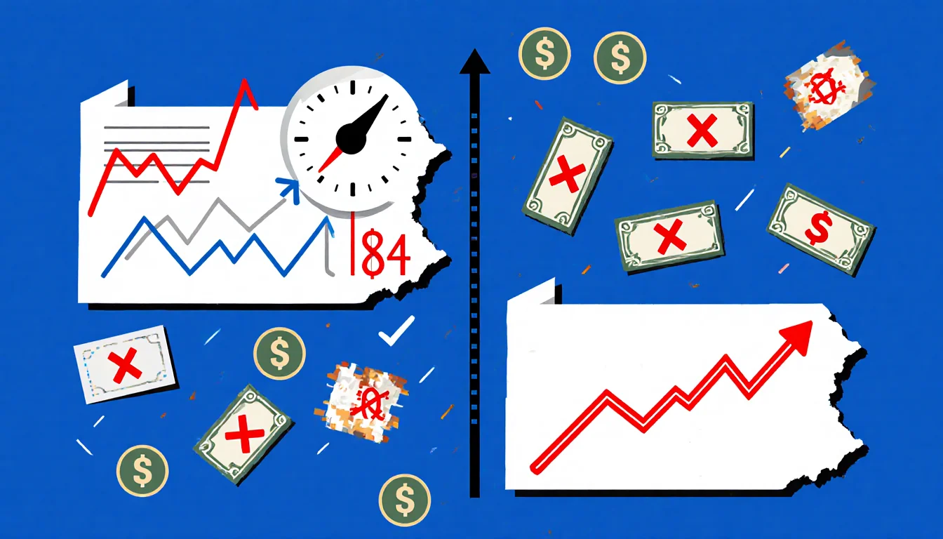 Split screen shows Pennsylvania inflation with red dollar bills rising prices beside growth checked bills falling prices