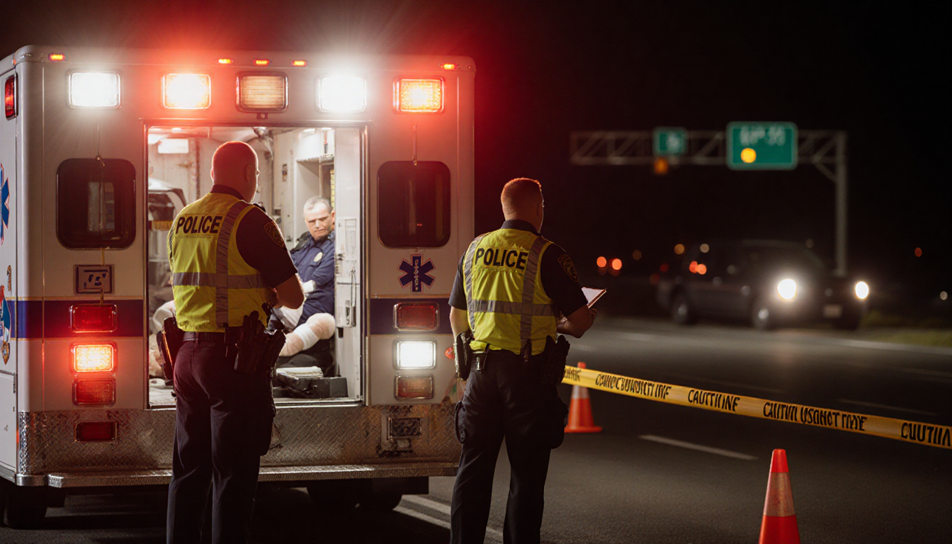 Pennsylvania State Police troopers escorting a hospital ambulance with flashing lights and blurred I‑95 traffic cones.