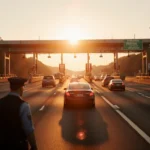 Sedan driving down center lane with sunset orange glow and stern toll booth attendant standing near toll plaza.