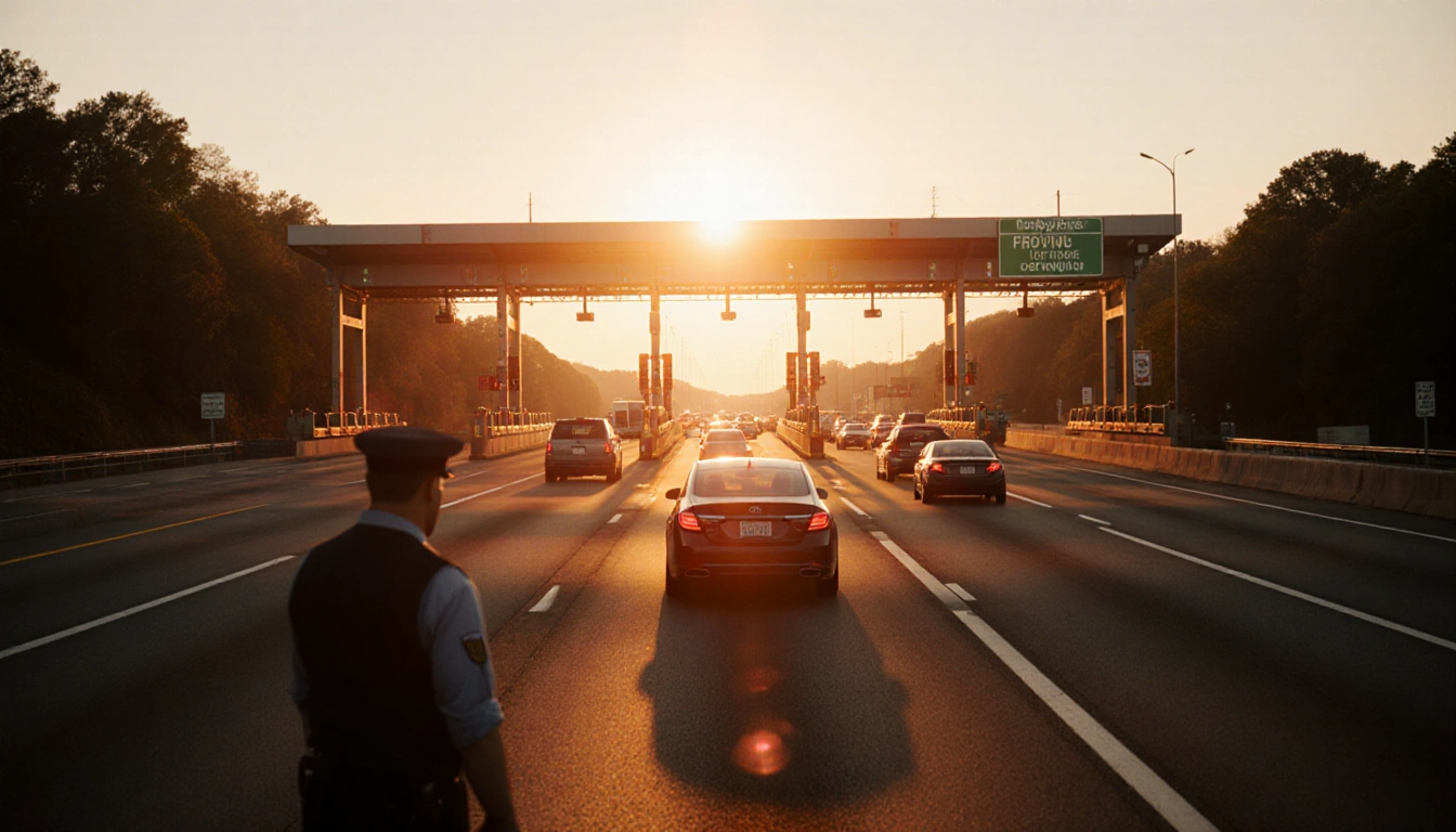 Sedan driving down center lane with sunset orange glow and stern toll booth attendant standing near toll plaza.