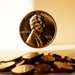 Single penny glowing from below with warm golden background and scattered pennies