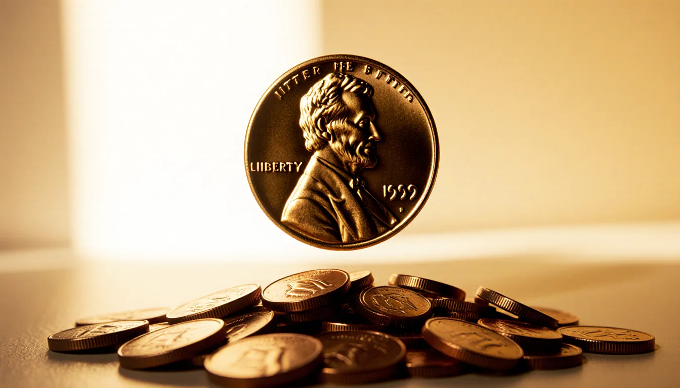 Single penny glowing from below with warm golden background and scattered pennies