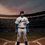 Pete Alonso stands at home plate ready to swing with a warm spotlight over an empty autumn-colored Mets stadium.