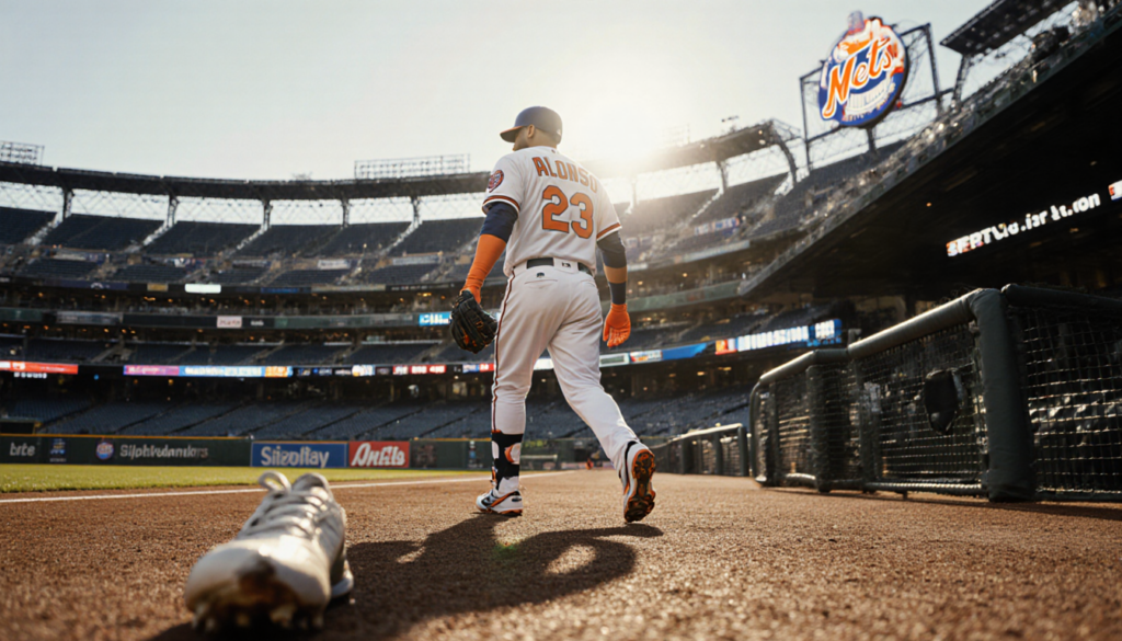 Pete Alonso stepping off Orioles dugout with bright sunlight on his gloves and a worn cleat staring at empty seats behind him