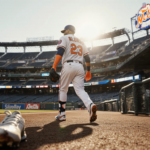 Pete Alonso stepping off Orioles dugout with bright sunlight on his gloves and a worn cleat staring at empty seats behind him