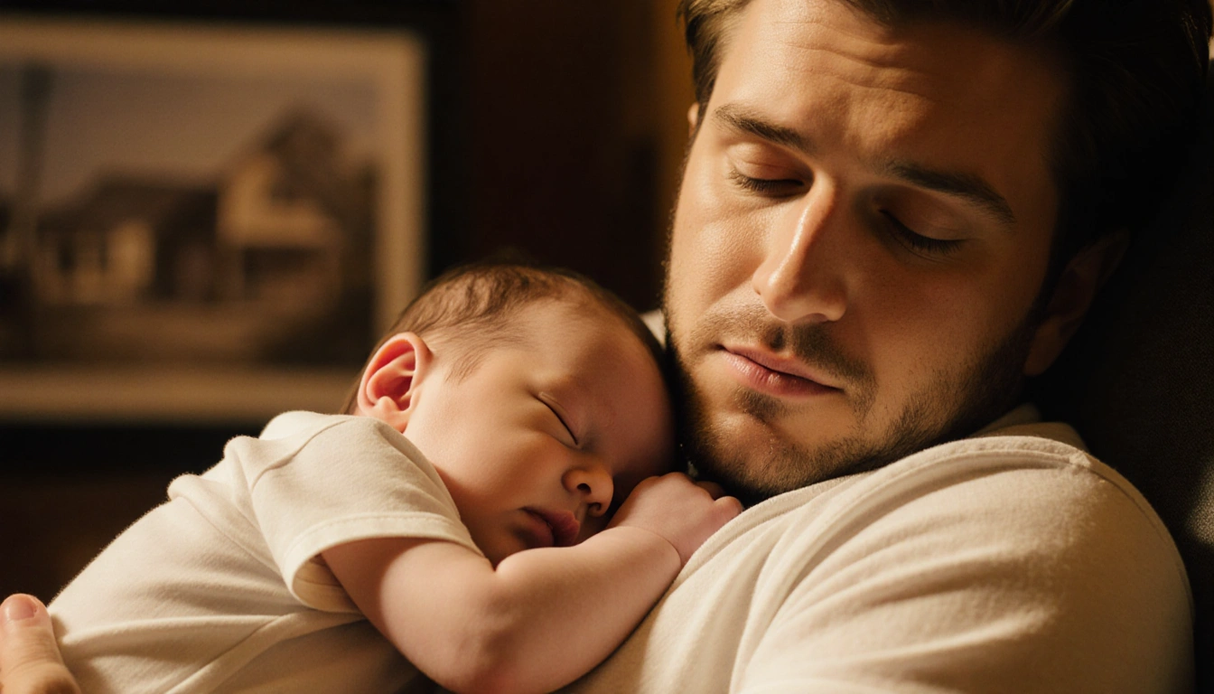 Pete Davidson cradles a sleeping baby with golden light and the baby's hands wrapped around his neck love a childhood home.