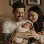 Pete Davidson holding newborn daughter Scottie with Elsie Hewitt nearby in a cozy nursery with golden lighting