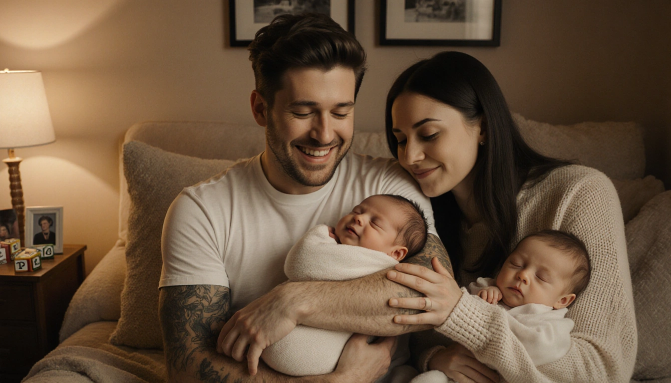 Pete Davidson holding newborn daughter Scottie with Elsie Hewitt nearby in a cozy nursery with golden lighting