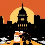 Elderly person holding glowing insulin bottle with Philadelphia City Hall skyline and scattered pills