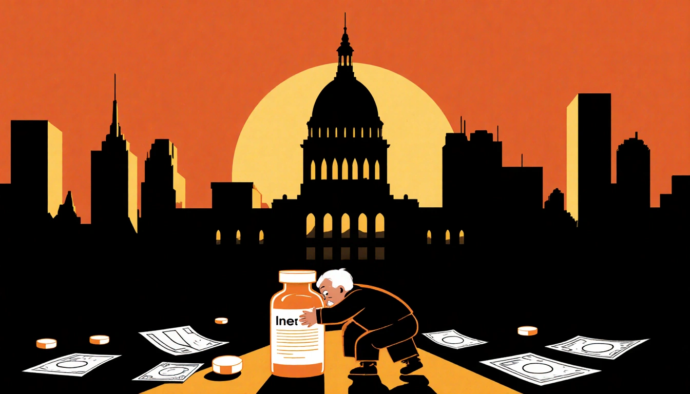 Elderly person holding glowing insulin bottle with Philadelphia City Hall skyline and scattered pills