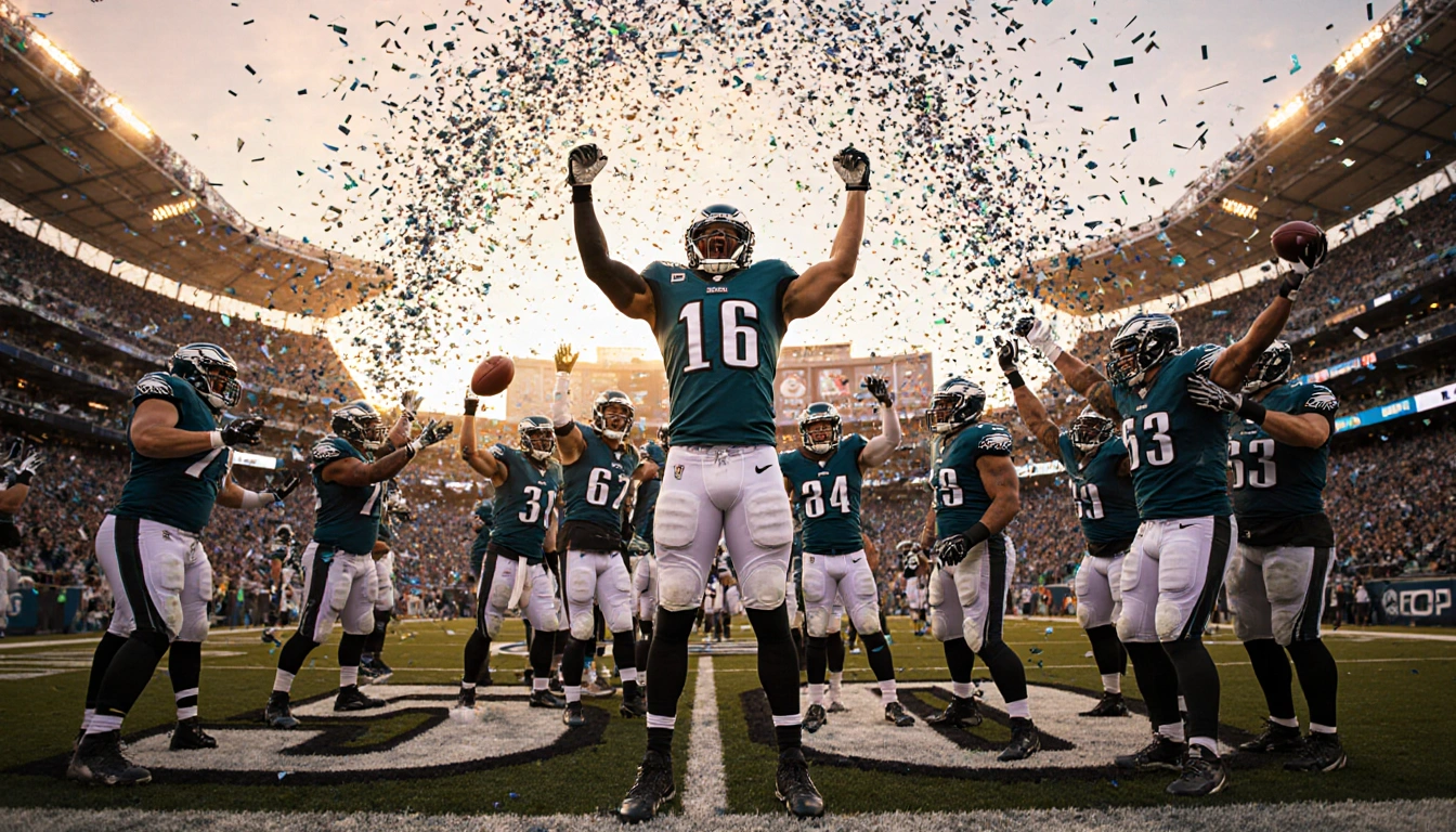 Eagles player raising arms with confetti swirling around him at victory celebration atop the 50‑yard line in golden sunset.