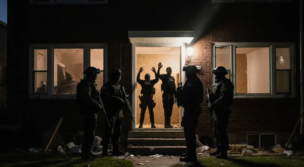SWAT team stands at home entrance with tactical gear and flashlights illuminated by dawn glow behind surrendering suspects