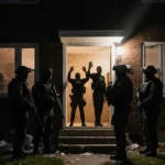 SWAT team stands at home entrance with tactical gear and flashlights illuminated by dawn glow behind surrendering suspects