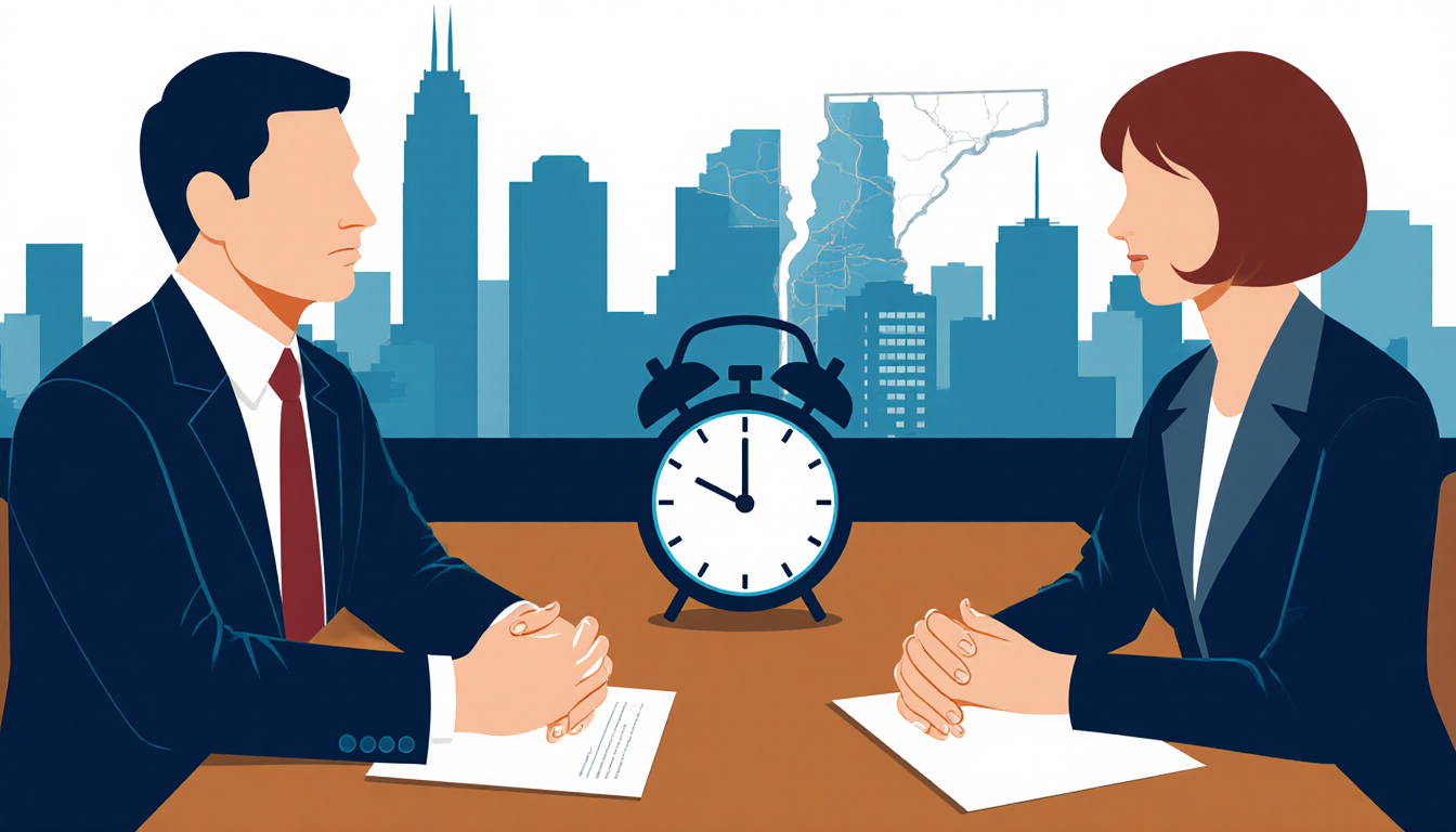 Union leader and SEPTA representatives negotiate at a table with Philadelphia skyline and a subtle clock indicating urgency.