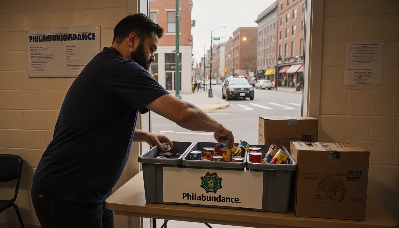 Volunteer sorting canned goods with Philabundance logo near police drop box on warm city street
