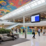 Friends taking photos with a pet play area and LED event screen in the airport atrium
