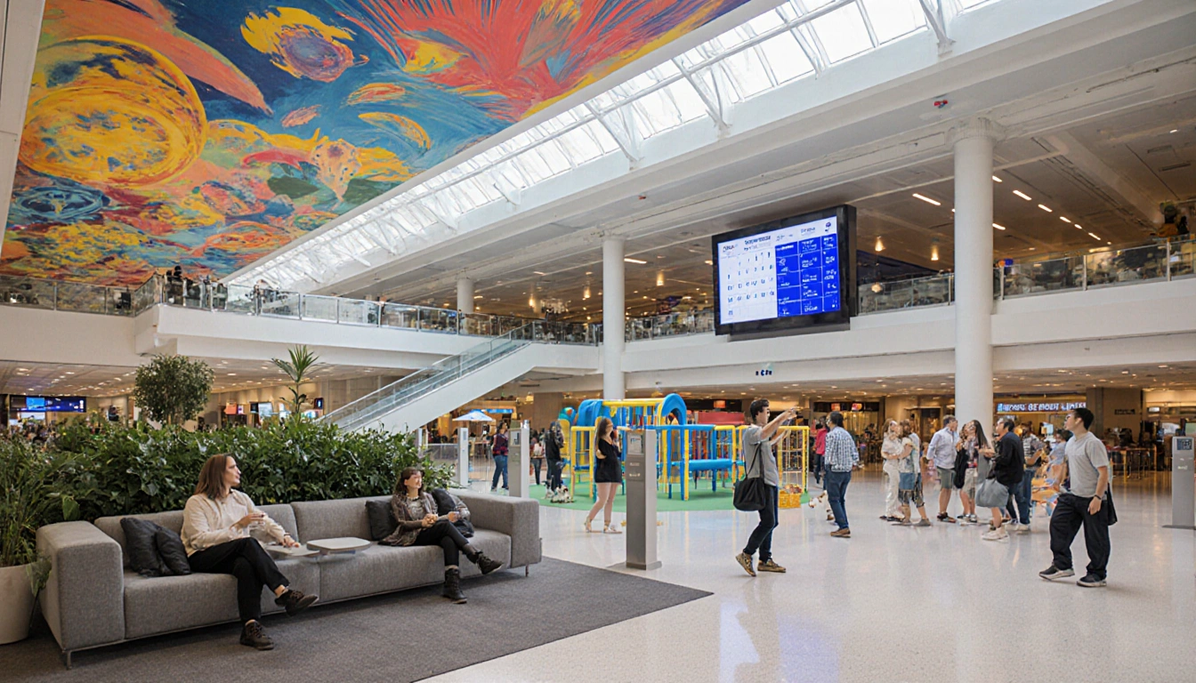 Friends taking photos with a pet play area and LED event screen in the airport atrium