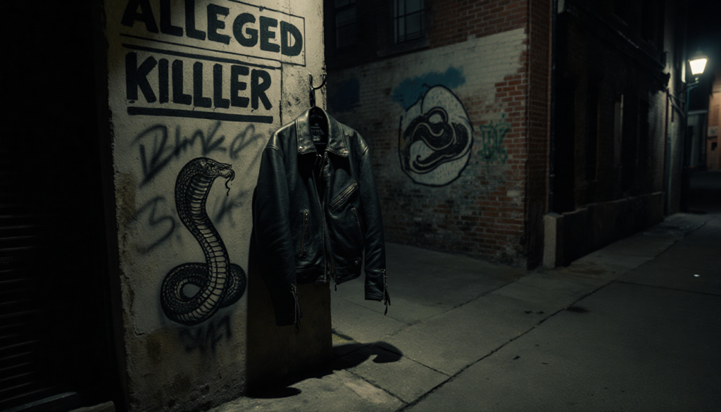Worn black biker jacket hangs on hook in gritty Philadelphia alley with flickering streetlights and graffiti snake.