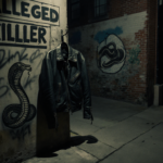 Worn black biker jacket hangs on hook in gritty Philadelphia alley with flickering streetlights and graffiti snake.