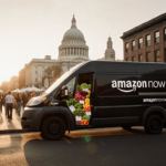 Amazon Now van showing colorful groceries with morning sunlight and Independence Hall in background