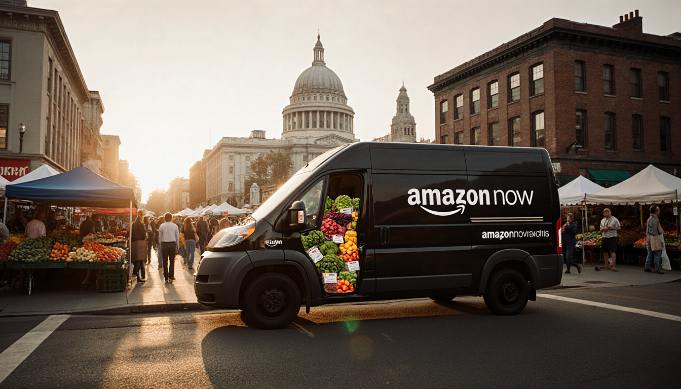 Amazon Now van showing colorful groceries with morning sunlight and Independence Hall in background